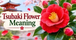 Tsubaki flower meaning featuring a red Japanese camellia flower with glossy green leaves and bud