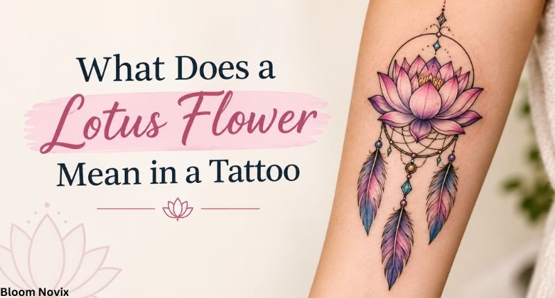 What does a lotus flower mean in a tattoo, featuring a pink and purple lotus flower dream catcher tattoo with decorative feathers on a forearm.