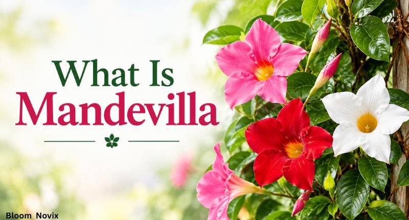 What Is Mandevilla with pink, red, and white trumpet-shaped flowers and glossy green leaves.