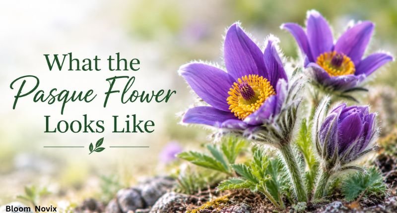 What the pasque flower looks like with purple petals, golden centers, fuzzy stems, and green foliage
