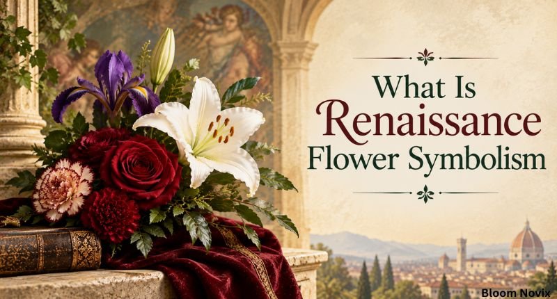 What Is Renaissance Flower Symbolism with a Renaissance-style floral arrangement featuring roses, lily, iris, and carnations.